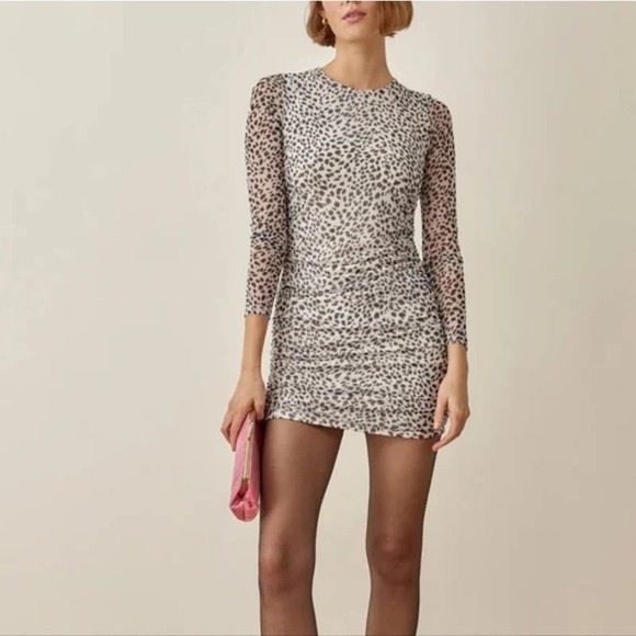 Reformation Tomas Cheetah Print Mini Dress Fitted Long Sleeve Ruched Small NWT - Picture 1 of 7